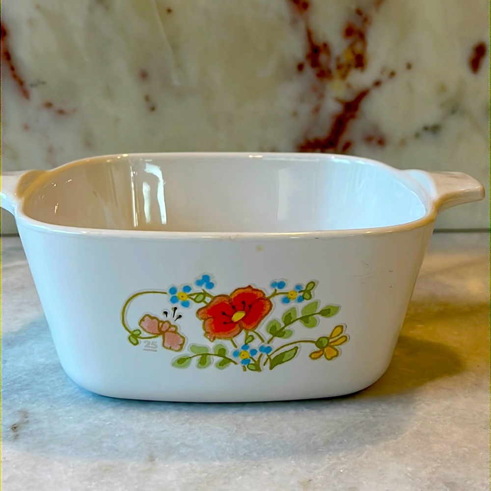Corning Ware small dish P-43-B 700 mL orange flower; pink, yellow,blue & green